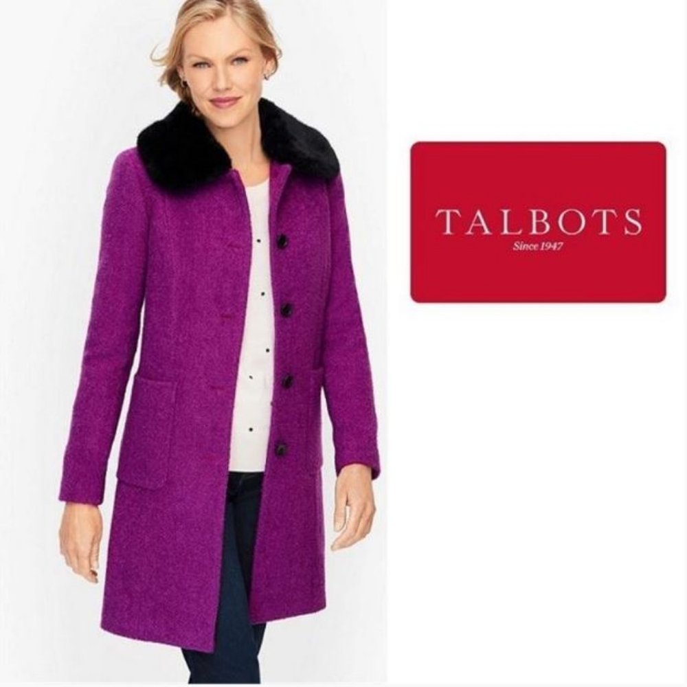 TALBOTS NWT SMALL BRIGHT PURPLE BOUCLE COAT WITH FAUX FUR COLLAR!